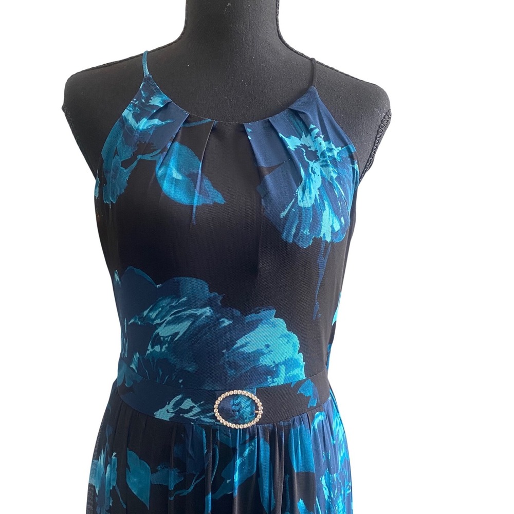Alexa B Floral Halter Maxi Dress Teal Blue Rhinestone Buckle Size 6 - Picture 2 of 4